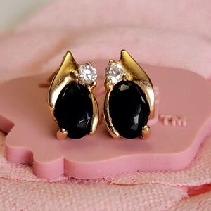 14K Yellow Gold Onyx & CZ Stud Earrings